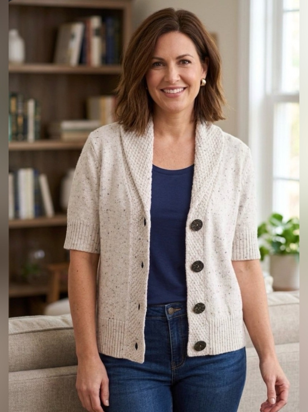 Cato Cream Speckled Shawl Collar Button Cardigan